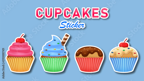 Cupcakes with cherry sticker set 