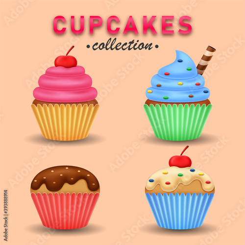 Cupcake set collection on white background