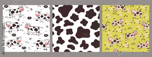 Set of seamless patterns with cows. Vector graphics