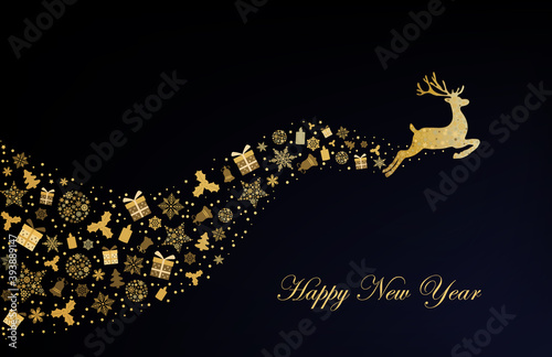 Greeting card with gold Christmas  deer, gifts, snowflakes, christmas tree on black background. Vector illustration. Gold pattern