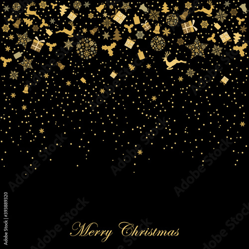 Greeting card with christmas figurines that fall. Christmas  deer, gifts, snowflakes, christmas tree on dark green background. Vector illustration. Gold pattern