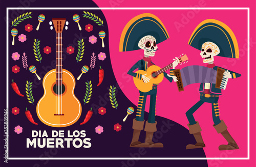 dia de los muertos celebration card with skeletons mariachis playing instruments