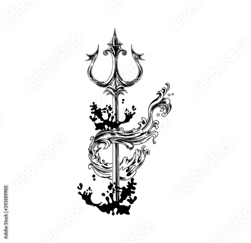 hand drawn trident of poseidon vector illustration. trident and ocean waves tattoo design.