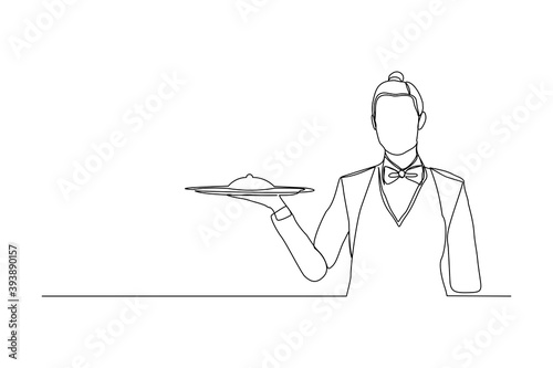 continuous line drawing of waiters woman holding order food tray for customer. One line art concept of restaurant worker. Vector illustration