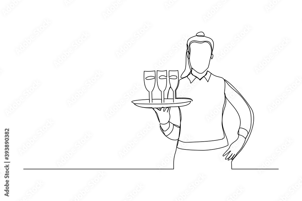 continuous line drawing of waiters holding order glass wine on the tray