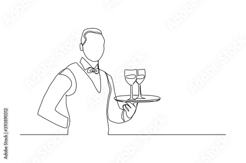 continuous line drawing of waiters man holding order glass wine on the tray for customer. One line art concept of restaurant bar and cafe worker. Vector illustration