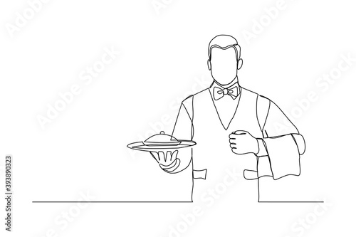 continuous line drawing of waiters holding order food tray for customer. One line art concept of restaurant worker. Vector illustration
