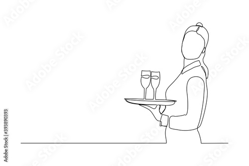 continuous line drawing of waiters holding order glass wine on the tray for customer. One line art concept of restaurant bar and cafe worker. Vector illustration