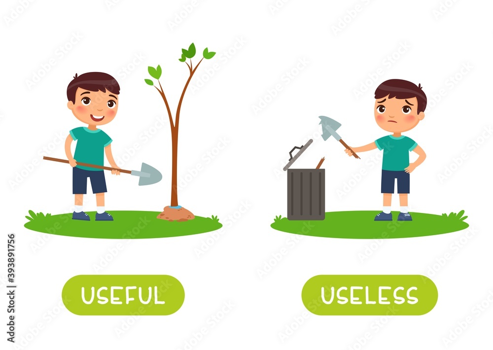 USEFUL and USELESS antonyms word card vector template. Flashcard for