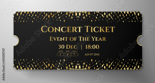 Premium black and gold ticket template design. Shimmery luxury background with abstract golden dots pattern. Useful for VIP invite, any festival, party, theater, event or entertainment show