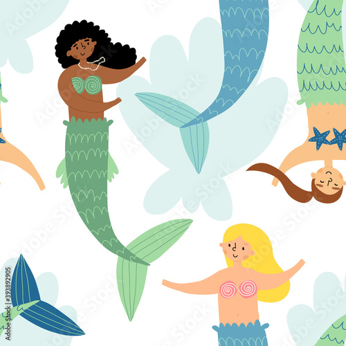 Cute various looking mermaids girls seamless pattern. Vector isolated design for kids clothes, textile and other design