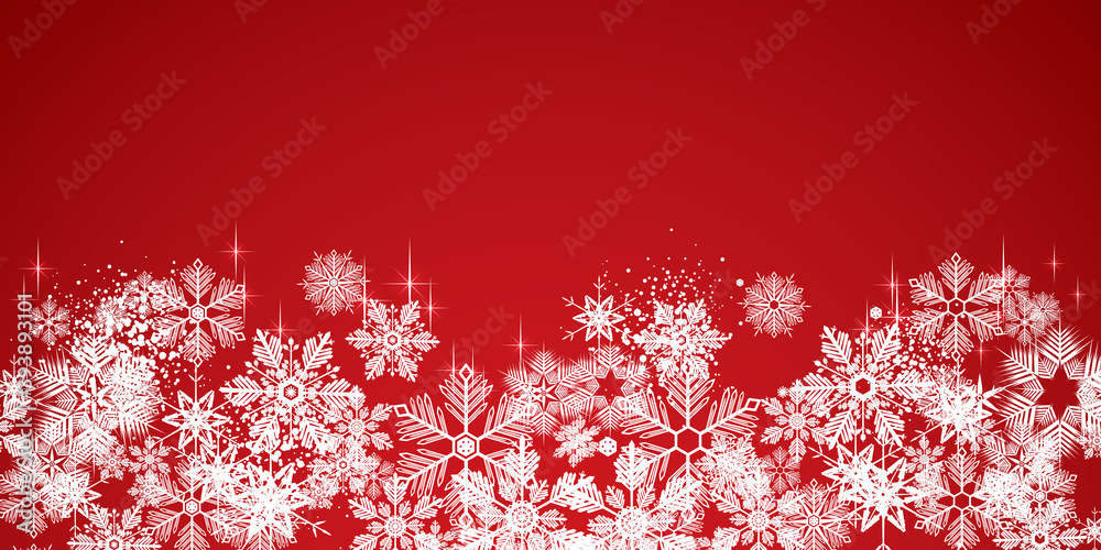 White winter snowflakes on a red background - Merry Christmas and winter snow design banner White winter snowflakes on a red background - Merry Christmas and winter snow design banner