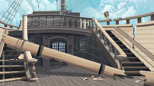 beautiful cartoon dilapidated vintage wooden ship with broken mast