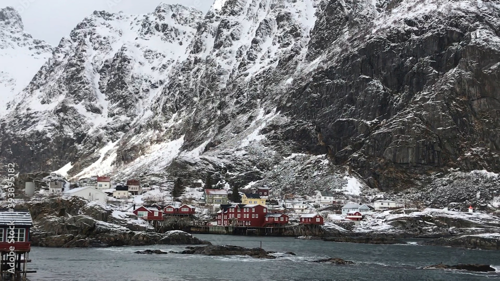 View of a tiny fishing hamlet in the Lofoten Islands.