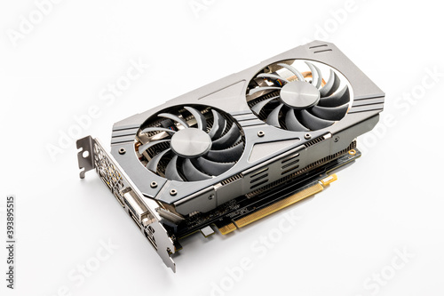 modern graphics card isolated on a white background. gpu desktop hardware for gaming or cryptomining. studio shot photo