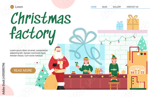Fototapeta Naklejka Na Ścianę i Meble -  Landing page template with christmas factory. Elfs pack toys on automatic conveyor for festive bag of santa claus. Production of new year gifts for kids. Vector illustration.