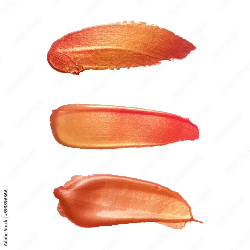 Vector gold paint smear stroke stain set. Abstract metallic texture. Make up swatches. Acrylic color smear Vector gold paint smear stroke stain set. Abstract metallic texture. Make up swatches. Acrylic color smear
