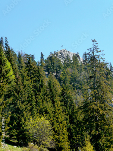 Summit cross Brauneck mountain, Bavaria, Germany