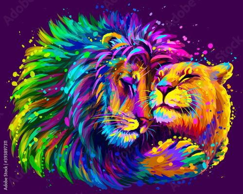 Leos. A lion embraces a lioness. Color, digital portrait of lions in the style of pop art on a purple background. Digital vector graphics. Separate layer
