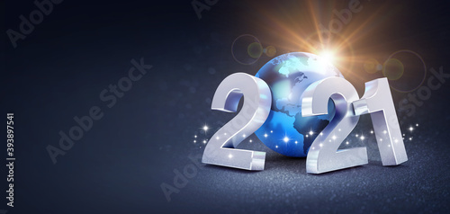 Silver date number 2021 composed with a blue planet earth, glittering on a black background - 3D illustration for Greeting card