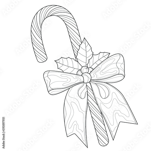 Christmas candy with bow and holly berries.Candy cane.Coloring book antistress for children and adults.Zen-tangle style.Black and white drawing