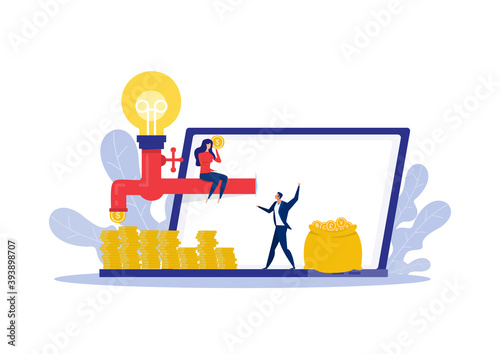 Business Woman made money falling out of the water tap passive income concept .
