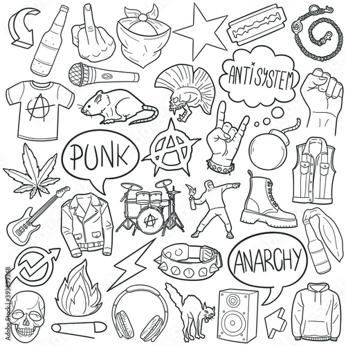 Punk doodle icon set. Anarchy Vector illustration collection. Riot Music Banner Hand drawn Line art style.