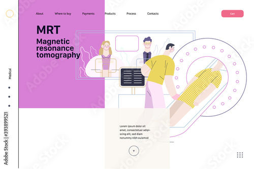 Medical tests illustration - magnetic resonance tomography - modern flat vector concept digital illustration of mri procedure - a patient in the scanner and doctor, medical office or laboratory