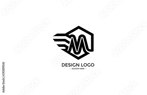 Logo Typography Initial Letter M Linear Monogram Heaxagon Font Vector photo