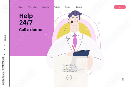 Medical insurance template -help 24 per 7, call us -modern flat vector concept digital illustration of male doctor with headset talking on the phone for a medical consultation. Medical company service