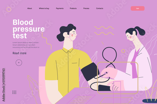 Medical tests template - blood pressure test - modern flat vector concept digital illustration of blood pressure measurement procedure - a patient and doctor with a meter, medical office or laboratory