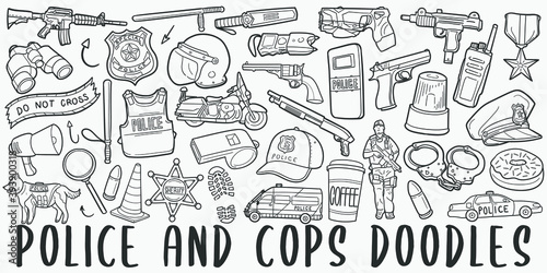 Police and Cops doodle icon set. Weapons Style Vector illustration collection. Banner Hand drawn Line art style.