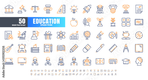 Vector of 50 Education and School Subject Bicolor Line Outline Icon Set. 64x64 and 256x256 Pixel Perfect Editable Stroke.
