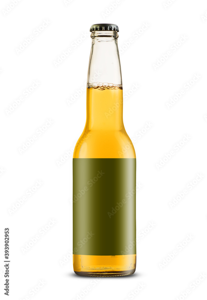 glass bottle with beer and green label glass bottle with beer and green label