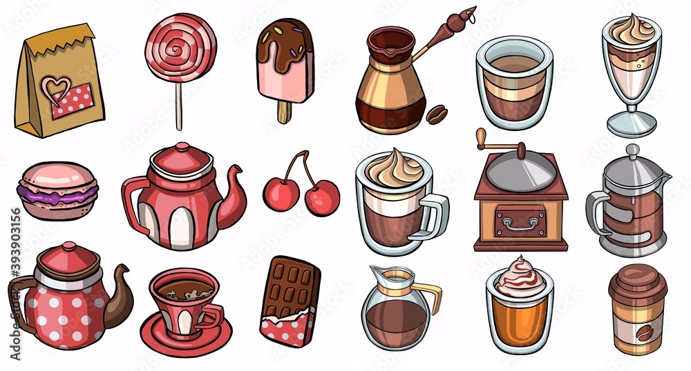 Set of hand drawn ink and colored pencils elements for cozy autumn tea party. Cute elements for design of patterns. Vector illustration Set of hand drawn ink and colored pencils elements for cozy autumn tea party. Cute elements for design of patterns. Vector illustration
