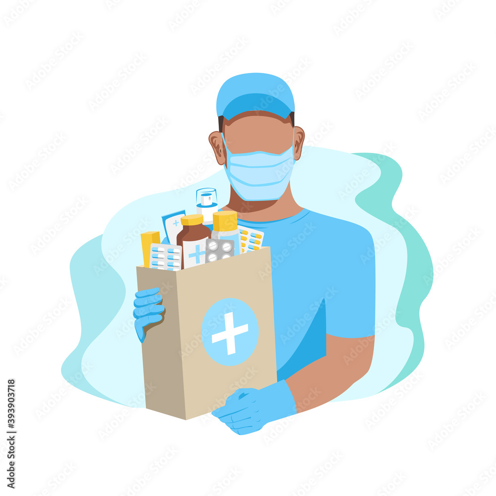 A courier wearing a protective mask and gloves delivers medicines. Quarantine and medicine. Vector illustration isolated on white background.