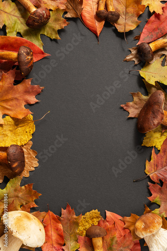 Thanksgiving day black background frame decorated with forest mushrooms and autumn leaves. Autumn still life. Halloween holiday.