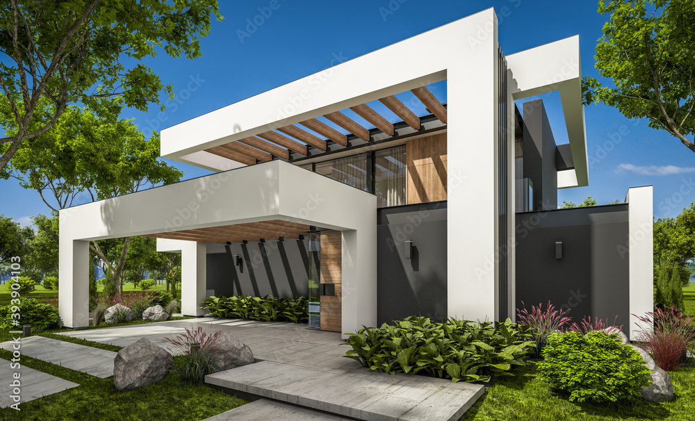 3d rendering of modern cozy house with pool and parking for sale or rent in luxurious style and beautiful landscaping on background. Summer sunny day with clear blue sky. 3d rendering of modern cozy house with pool and parking for sale or rent in luxurious style and beautiful landscaping on background. Summer sunny day with clear blue sky.