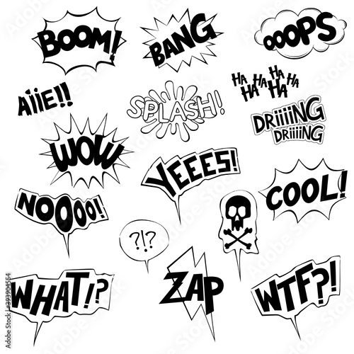 Collection of onomatopoeia in black and white photo