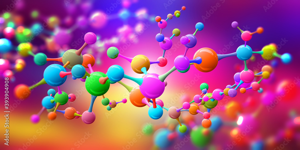 Bright, colorful model. Science background with molecule. Abstract atomic structure for Science or medical background. Nanotechnology 3D illustration