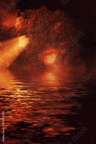 3d illustration, a fantastic cave by the lake, rivers with holes in the walls and rays of light passing through them. burgundy, dark red