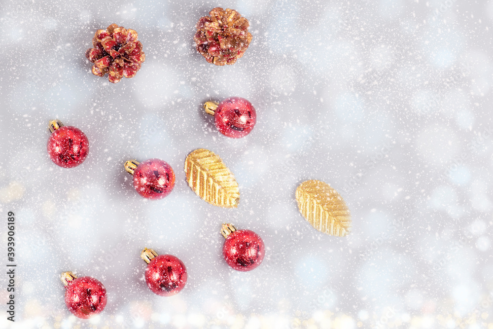 Christmas composition. Red balls on bokeh background. New year decoration. Christmas composition. Red balls on bokeh background. New year decoration.