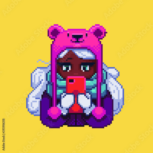 Cute girl with phone. Pixel art style. Vector illustration