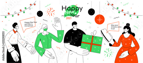 Happy New Year and Merry Christmas - flat design style illustration