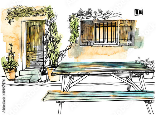 Old street of romantic Provence, France. Lovely landscape in hand drawn sketch style. Line art. Wall decor. Vector illustration on background watercolour