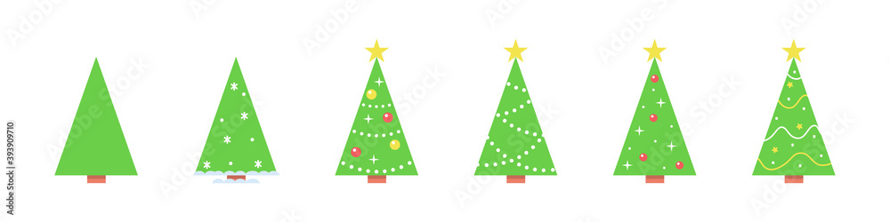 Naklejka premium Set of Christmas trees with decorations, garlands and stars. Flat style. Vector illustration for greeting card, invitation or banner.