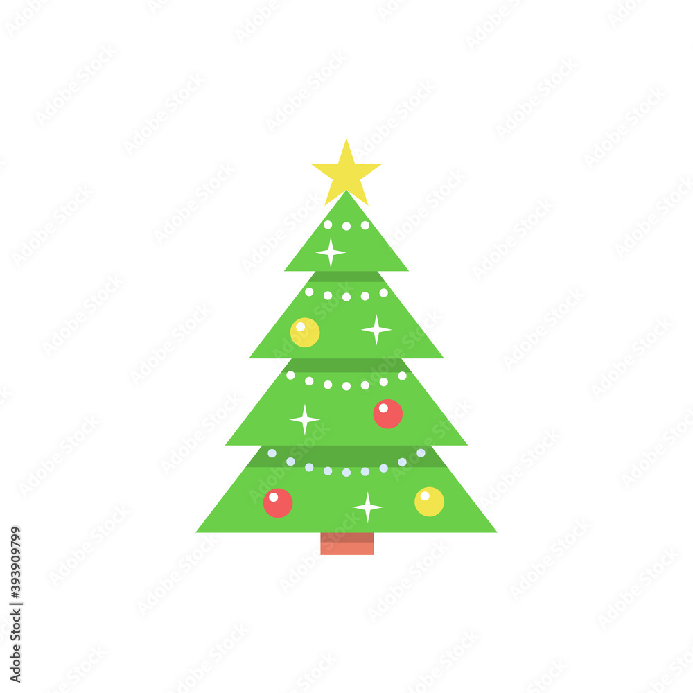 Christmas tree with decorations and a star. Flat style. Vector illustration for greeting card, invitation or banner.
