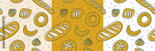 Baker shop background with hand-drawn vector illustrations. Cooking courses backdrop. Bread bakery seamless pattern for pastry label design and bakeshop packaging. Element branding of cafe. 
