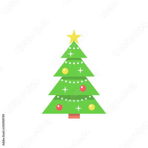 Christmas tree with decorations and a star. Flat style. Vector illustration for greeting card, invitation or banner. 