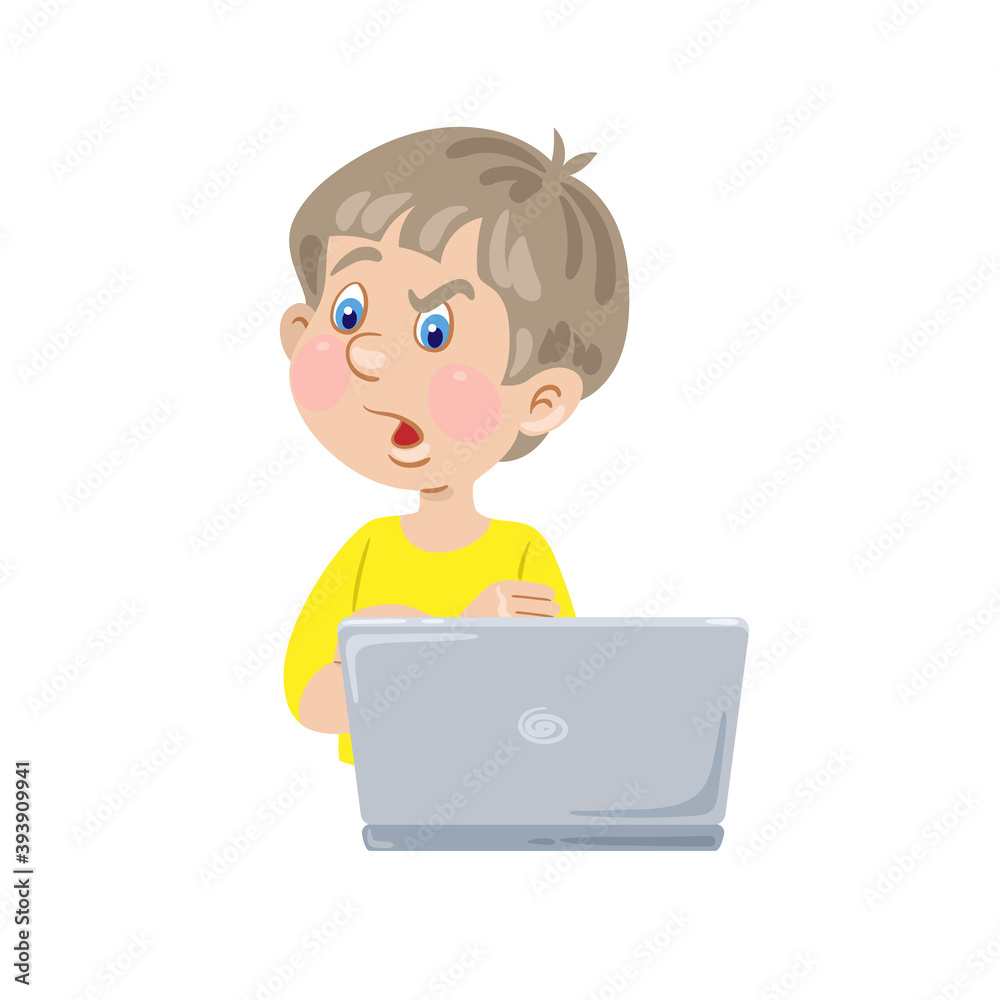Online education for children. Funny surprised boy near the laptop. In cartoon style. Isolated on white background. Vector flat illustration. Online education for children. Funny surprised boy near the laptop. In cartoon style. Isolated on white background. Vector flat illustration.